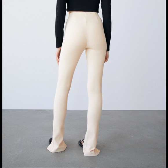 Zara Slit Ribbed Leggings In Ecru Nude 